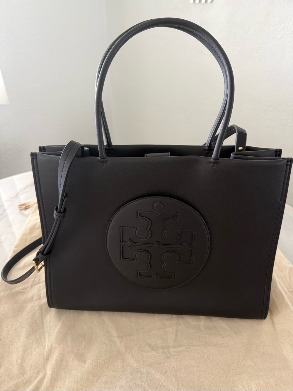 Tory Burch Ella Black Leather Logo Tote